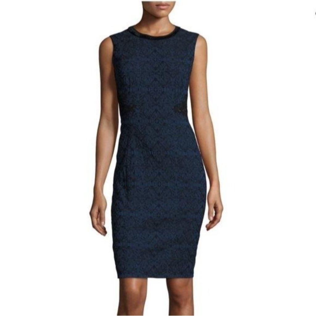 Elie Tahari Dorian Navy Textured Lace Panel Sleeveless Sheath Dress, Size 4